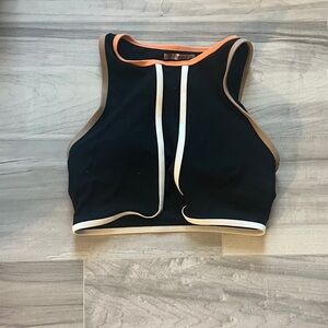 Forever 21 Black High Neck Crop Bodysuit with Tan and Cream Trim